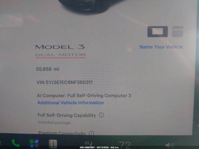 45861667 :رقم المزاد ، 5YJ3E1EC6NF360311 vin ، 2022 Tesla Model 3 Performance Dual Motor All-wheel Drive مزاد بيع