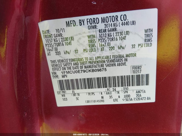 2012 Ford Escape Limited მანქანა იყიდება აუქციონზე, vin: 1FMCU0E79CKB09875, აუქციონის ნომერი: 45861672