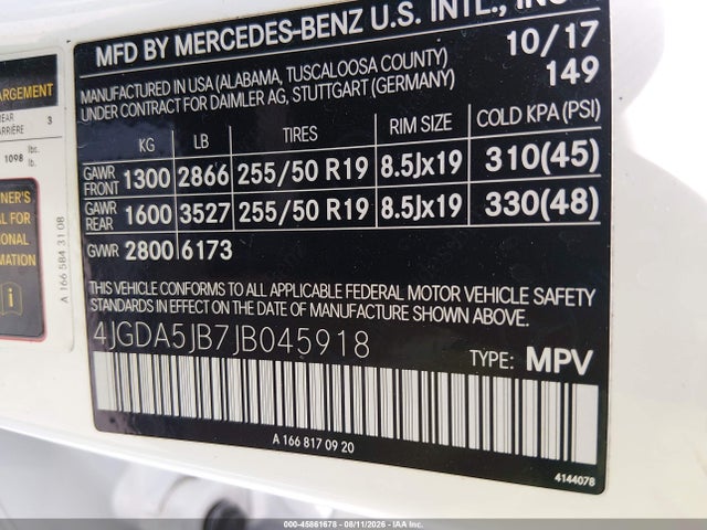 45861678 :رقم المزاد ، 4JGDA5JB7JB045918 vin ، 2018 Mercedes-benz Gle 350 مزاد بيع