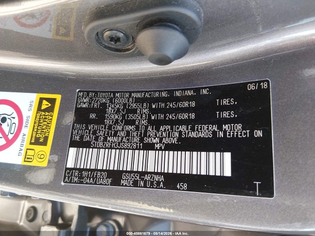 2018 Toyota Highlander Le მანქანა იყიდება აუქციონზე, vin: 5TDBZRFH3JS892811, აუქციონის ნომერი: 45861679