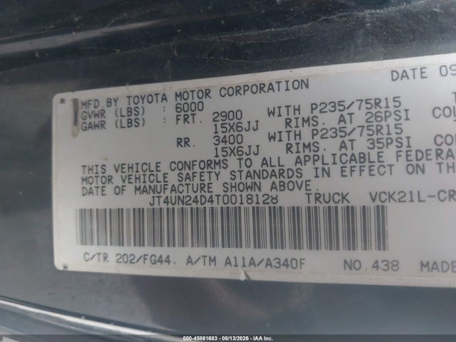 45861683 :رقم المزاد ، JT4UN24D4T0018128 vin ، 1996 Toyota T100 Xtracab Sr5 مزاد بيع