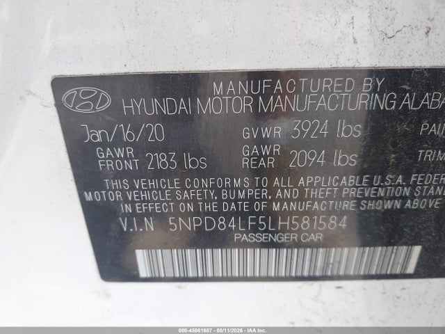 Продажа на аукционе авто 2020 Hyundai Elantra Value Edition, vin: 5NPD84LF5LH581584, номер лота: 45861687