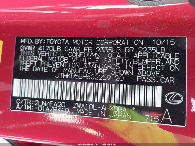 45861691 :رقم المزاد ، JTHKD5BH6G2259120 vin ، 2016 Lexus Ct 200h مزاد بيع