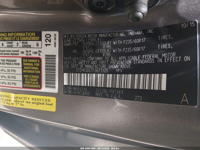 5TDYK3DC7FS671125 Toyota Sienna Xle 8 Passenger