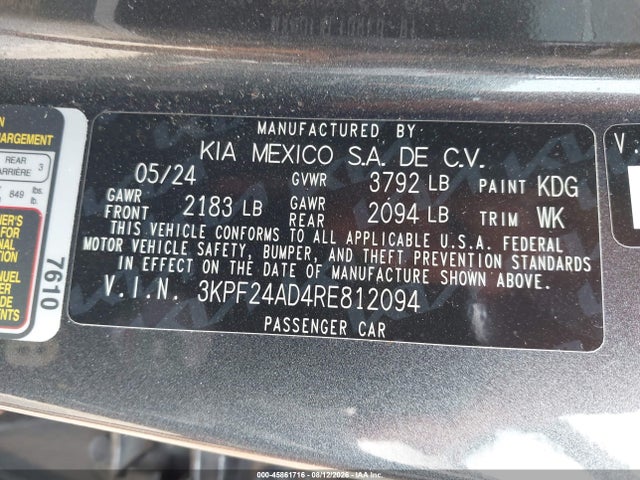 Продаж на аукціоні авто 2024 Kia Forte Lxs, vin: 3KPF24AD4RE812094, номер лоту: 45861716