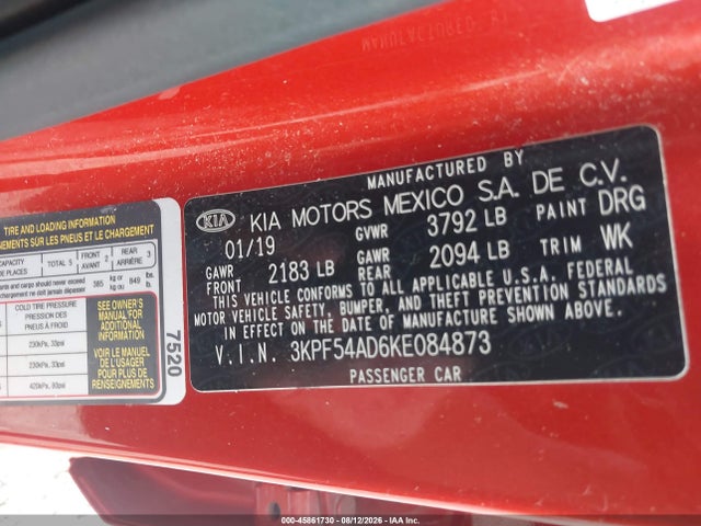 Продажа на аукционе авто 2019 Kia Forte Ex, vin: 3KPF54AD6KE084873, номер лота: 45861730