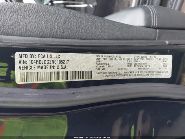 Продажа на аукционе авто 2022 Dodge Durango Gt Plus Awd, vin: 1C4RDJDG2NC105217, номер лота: 45861731