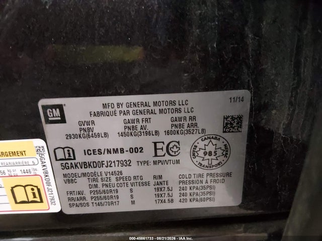 2015 Buick Enclave Leather მანქანა იყიდება აუქციონზე, vin: 5GAKVBKD0FJ217932, აუქციონის ნომერი: 45861733