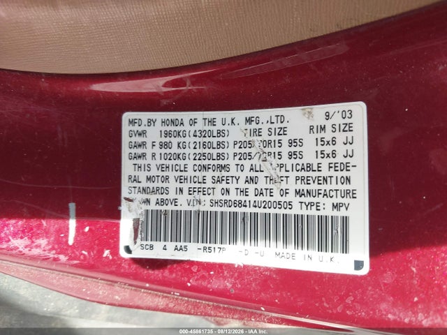 45861735 :رقم المزاد ، SHSRD68414U200505 vin ، 2004 Honda Cr-v Lx مزاد بيع
