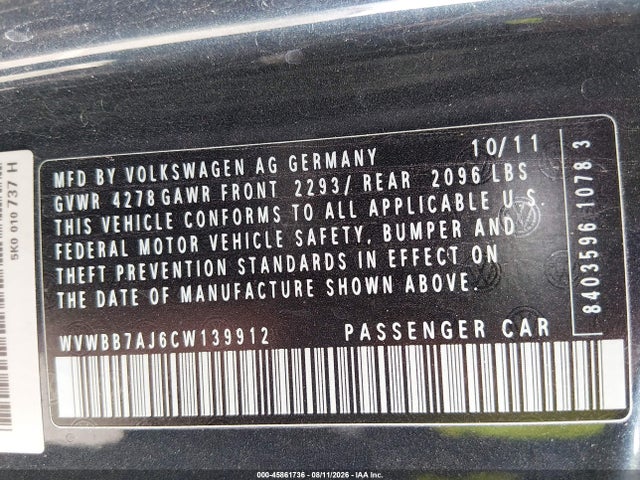 Aukcja sprzedaży 2012 Volkswagen Golf 2.5l 2-door, vin: WVWBB7AJ6CW139912, numer aukcji: 45861736