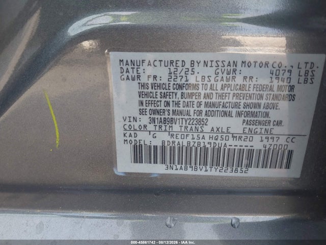 45861742 :رقم المزاد ، 3N1AB9BV1TY223852 vin ، 2026 Nissan Sentra S مزاد بيع