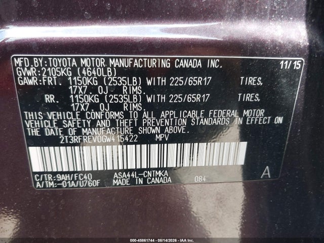 Toyota Rav4 Xle 2016 2T3RFREV0GW415422 Image 9