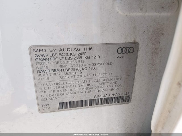 Продаж на аукціоні авто 2017 Audi Q5 2.0t Premium, vin: WA1L2AFP7HA085422, номер лоту: 45861754