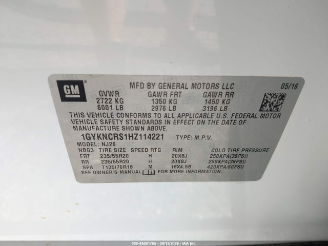 45861755 :رقم المزاد ، 1GYKNCRS1HZ114221 vin ، 2017 Cadillac Xt5 Premium Luxury مزاد بيع