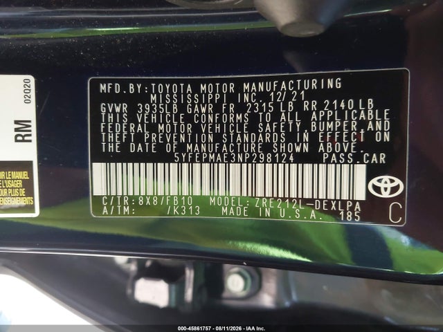 Продаж на аукціоні авто 2022 Toyota Corolla Le, vin: 5YFEPMAE3NP298124, номер лоту: 45861757