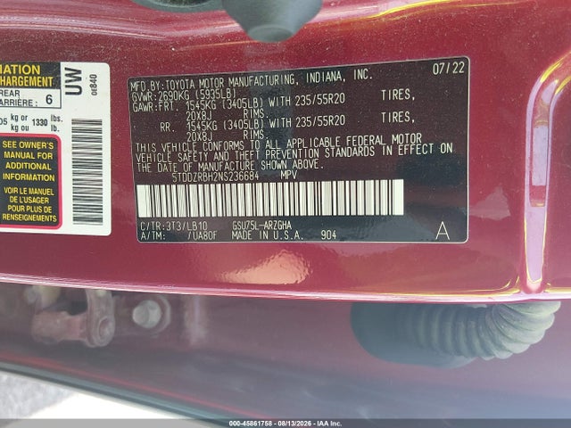 Toyota Highlander Limited 2022 5TDDZRBH2NS236684 Image 9