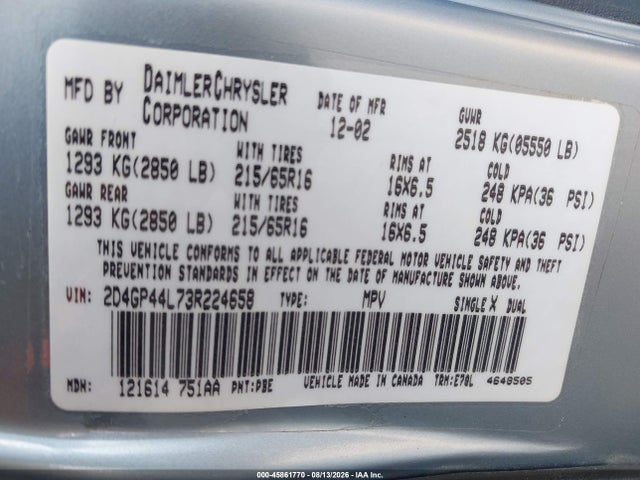 Aukcja sprzedaży 2003 Dodge Grand Caravan Sport, vin: 2D4GP44L73R224658, numer aukcji: 45861770