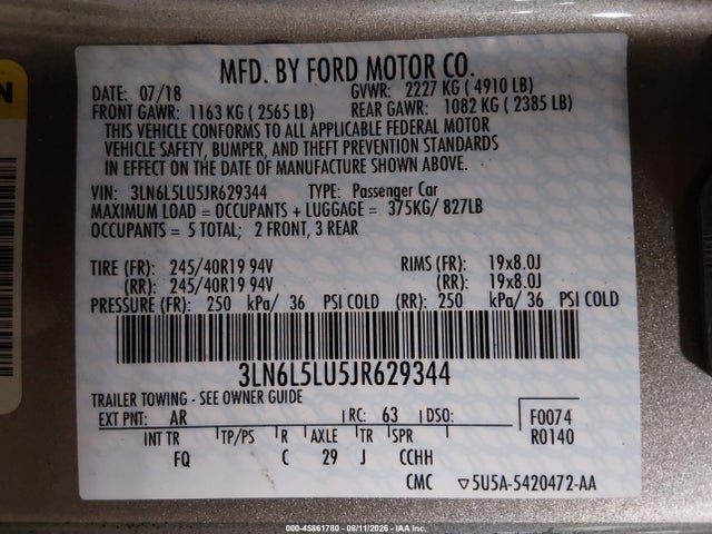 2018 Lincoln Mkz Hybrid Select მანქანა იყიდება აუქციონზე, vin: 3LN6L5LU5JR629344, აუქციონის ნომერი: 45861780