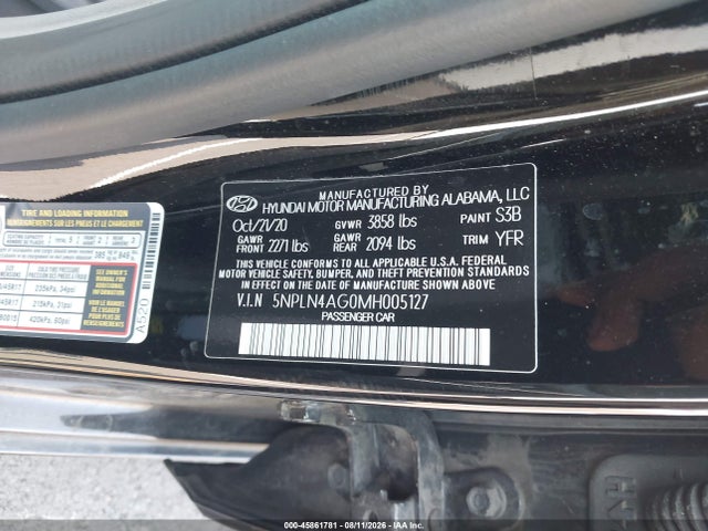 45861781 :رقم المزاد ، 5NPLN4AG0MH005127 vin ، 2021 Hyundai Elantra Sel مزاد بيع