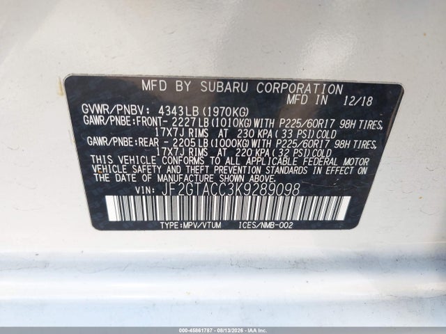 Продажа на аукционе авто 2019 Subaru Crosstrek Premium, vin: JF2GTACC3K9289098, номер лота: 45861787