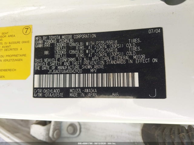 Продаж на аукціоні авто 2004 Lexus Rx 330, vin: JTJGA31U640042920, номер лоту: 45861790