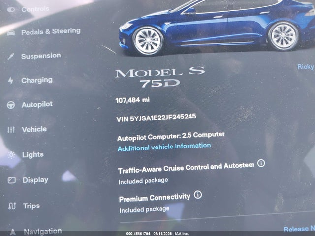 45861794 :رقم المزاد ، 5YJSA1E22JF245245 vin ، 2018 Tesla Model S 100d/75d/p100d مزاد بيع