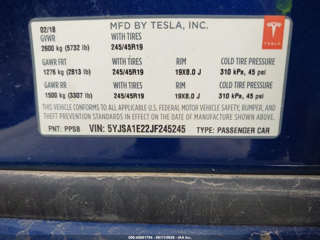 45861794 :رقم المزاد ، 5YJSA1E22JF245245 vin ، 2018 Tesla Model S 100d/75d/p100d مزاد بيع