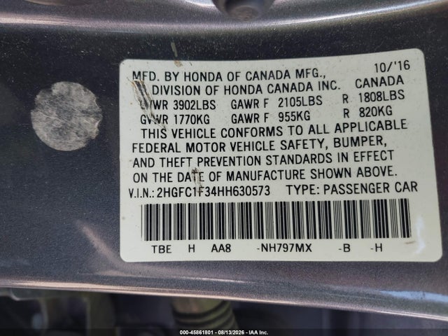 Aukcja sprzedaży 2017 Honda Civic Ex-t, vin: 2HGFC1F34HH630573, numer aukcji: 45861801