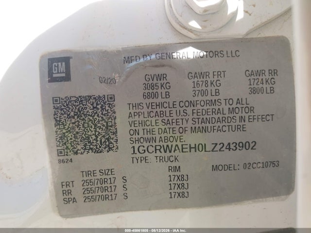Продаж на аукціоні авто 2020 Chevrolet Silverado 1500 2wd  Standard Bed Wt, vin: 1GCRWAEH0LZ243902, номер лоту: 45861805
