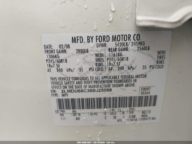 2008 Lincoln Mkx მანქანა იყიდება აუქციონზე, vin: 2LMDU68C38BJ25088, აუქციონის ნომერი: 45861807