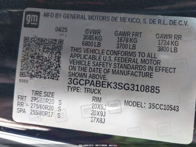 45861813 :رقم المزاد ، 3GCPABEK3SG310885 vin ، 2025 Chevrolet Silverado 1500 Custom مزاد بيع