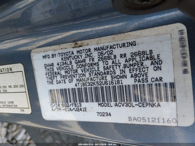 2002 Toyota Camry Le მანქანა იყიდება აუქციონზე, vin: 4T1BE32K52U616181, აუქციონის ნომერი: 45861814