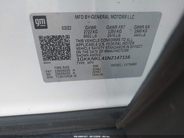 Aukcja sprzedaży 2022 Gmc Acadia Fwd Sle, vin: 1GKKNKL41NZ147116, numer aukcji: 45861821