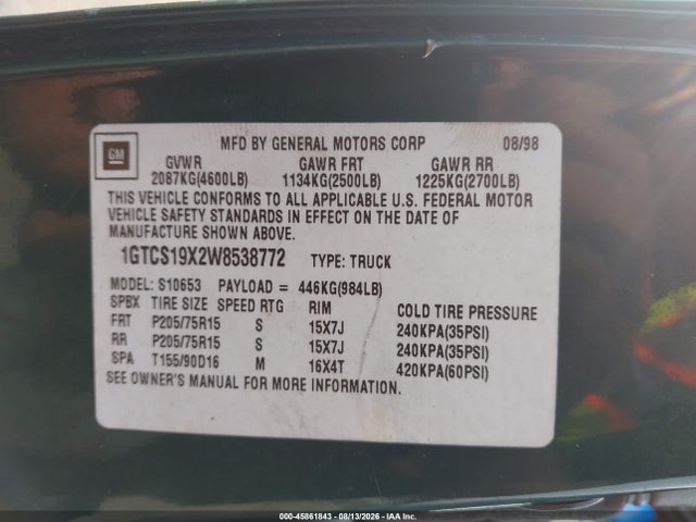 Продаж на аукціоні авто 1998 Gmc Sonoma Sls, vin: 1GTCS19X2W8538772, номер лоту: 45861843