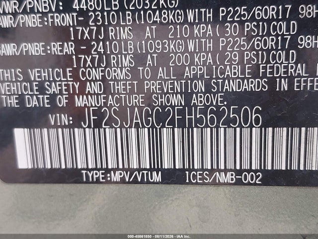 45861850 :رقم المزاد ، JF2SJAGC2FH562506 vin ، 2015 Subaru Forester 2.5i Premium مزاد بيع