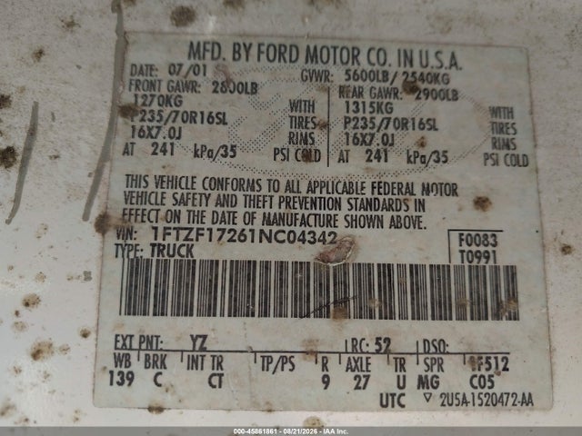 45861861 :رقم المزاد ، 1FTZF17261NC04342 vin ، 2001 Ford F-150 Xl/xlt مزاد بيع