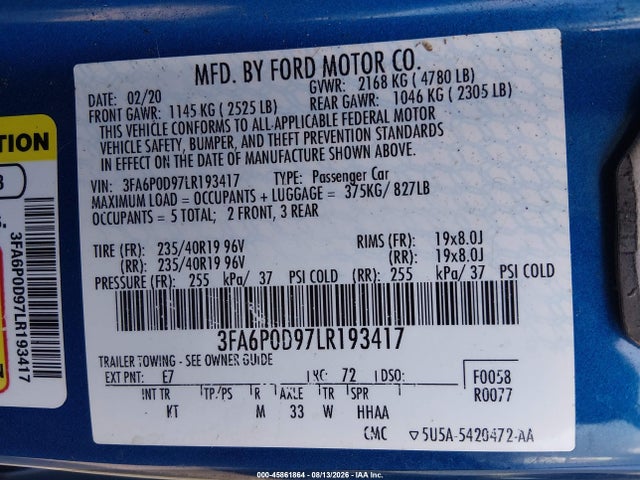 Aukcja sprzedaży 2020 Ford Fusion Titanium, vin: 3FA6P0D97LR193417, numer aukcji: 45861864