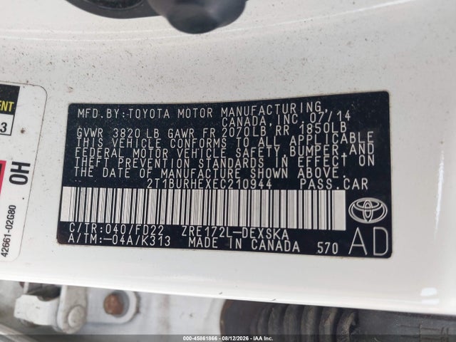 2014 Toyota Corolla S Plus მანქანა იყიდება აუქციონზე, vin: 2T1BURHEXEC210944, აუქციონის ნომერი: 45861866