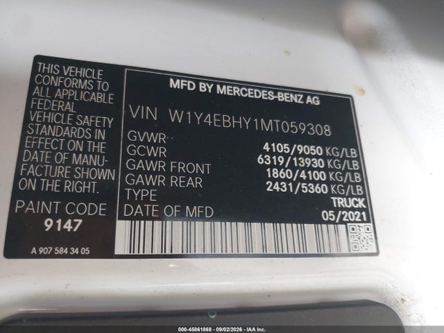 Продаж на аукціоні авто 2021 Mercedes-benz Sprinter 2500 Standard Roof V6, vin: W1Y4EBHY1MT059308, номер лоту: 45861868