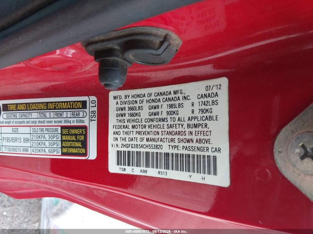 Продаж на аукціоні авто 2012 Honda Civic Lx, vin: 2HGFG3B54CH553820, номер лоту: 45861873