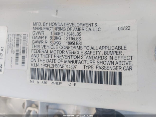 Aukcja sprzedaży 2022 Honda Civic Sport, vin: 19XFL2H83NE014397, numer aukcji: 45861880