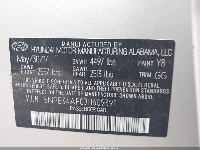 2018 Hyundai Sonata Sel მანქანა იყიდება აუქციონზე, vin: 5NPE34AF0JH609391, აუქციონის ნომერი: 45861882