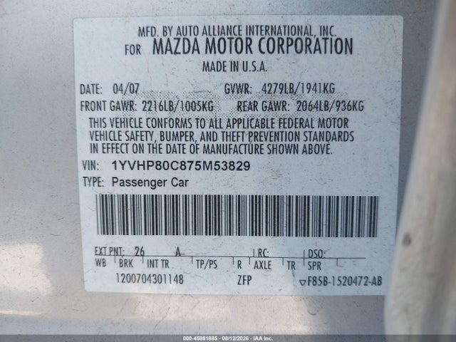 Aukcja sprzedaży 2007 Mazda Mazda6 I Sport Ve, vin: 1YVHP80C875M53829, numer aukcji: 45861885