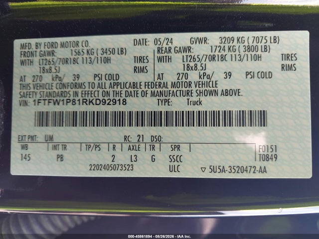 45861894 :رقم المزاد ، 1FTFW1P81RKD92918 vin ، 2024 Ford F-150 Police Responder Xl مزاد بيع