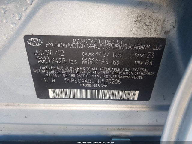 Продаж на аукціоні авто 2013 Hyundai Sonata Limited 2.0t, vin: 5NPEC4AB0DH570206, номер лоту: 45861896
