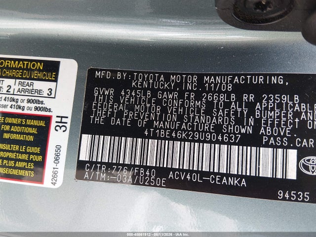 2009 Toyota Camry Le მანქანა იყიდება აუქციონზე, vin: 4T1BE46K29U904637, აუქციონის ნომერი: 45861912