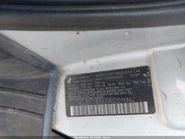 45861913 :رقم المزاد ، 4USCJ3322WLC11357 vin ، 1998 Bmw Z3 2.8 مزاد بيع