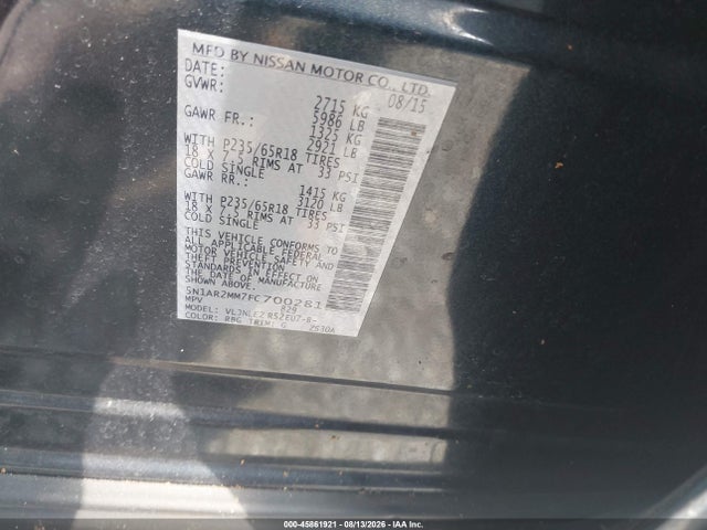 45861921 :رقم المزاد ، 5N1AR2MM7FC700281 vin ، 2015 Nissan Pathfinder Sv مزاد بيع