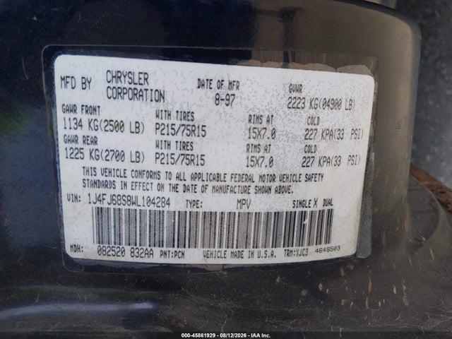 45861929 :رقم المزاد ، 1J4FJ68S8WL104284 vin ، 1998 Jeep Cherokee Classic/limited/sport مزاد بيع