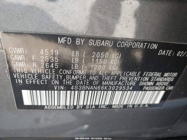 Aukcja sprzedaży 2019 Subaru Legacy 2.5i Limited, vin: 4S3BNAN66K3029534, numer aukcji: 45861939